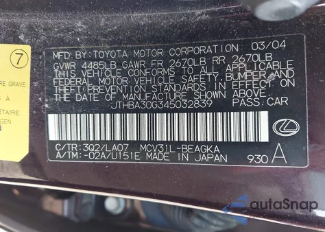 2004 Lexus Es 330 z USA, uszkodzony, nr VIN JTHBA30G345032839